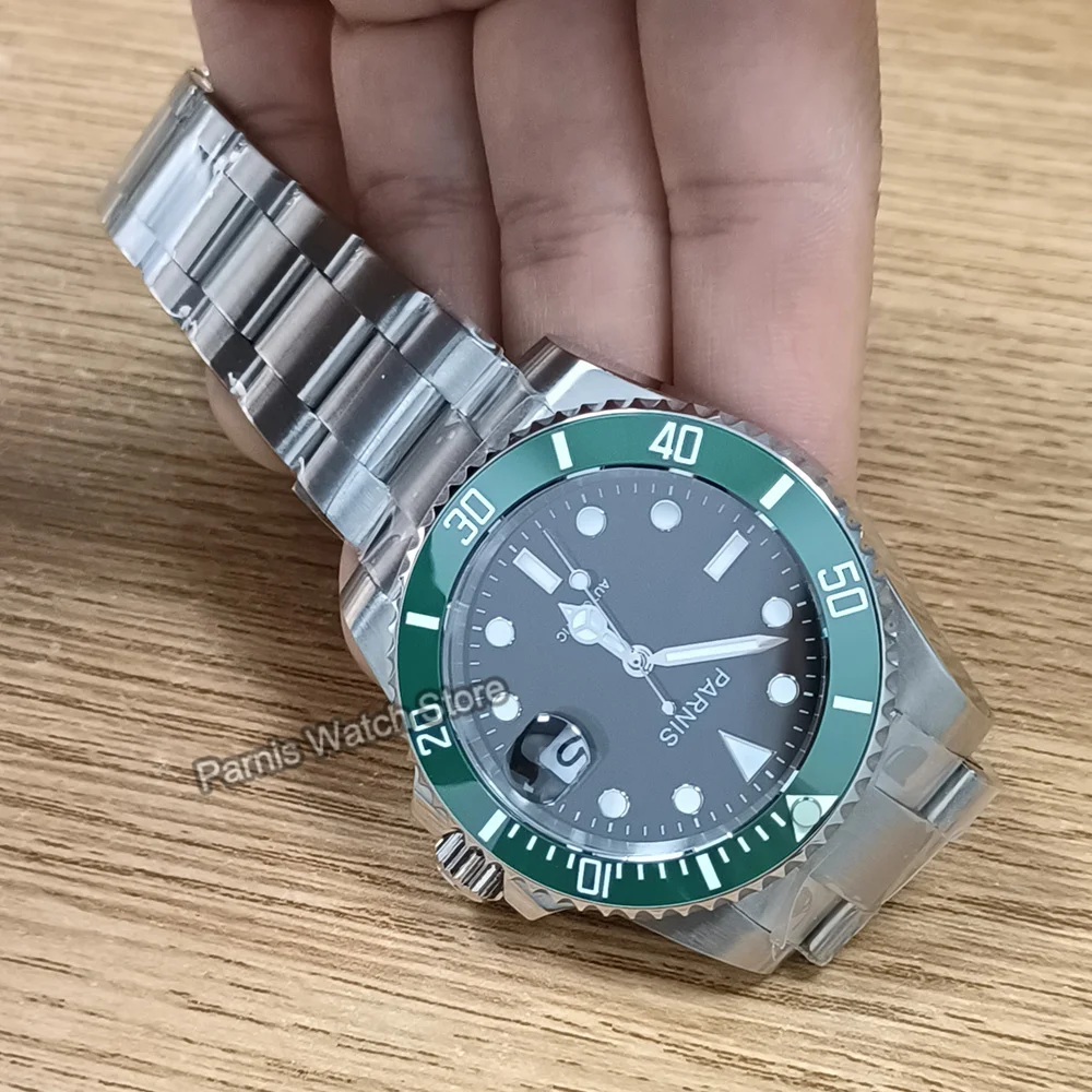 Parnis-reloj mecánico automático para hombre, cronógrafo de acero inoxidable con esfera negra, cristal de zafiro, calendario, 40mm