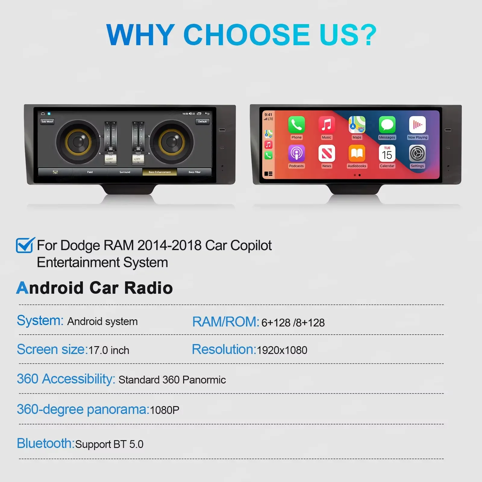 17inch Android Co-Pilot Entertainment Multimedia Player For Dodge Ram 2014-2018  Radio CarPlay Car Auto Stereo GPS Bluetooth