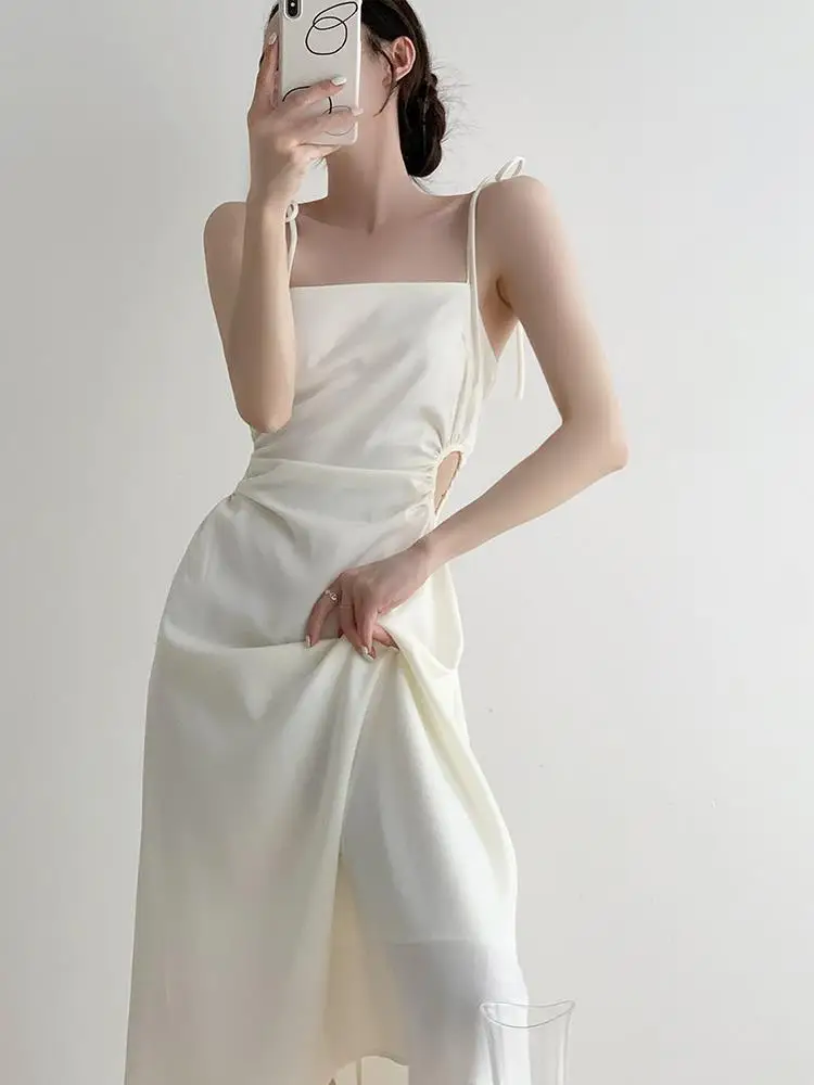 

Satin ter Dr Women Summer Slim Sexy Waist Hollow out Belt Design High-End Feeling Skirt A-Line Long Dr