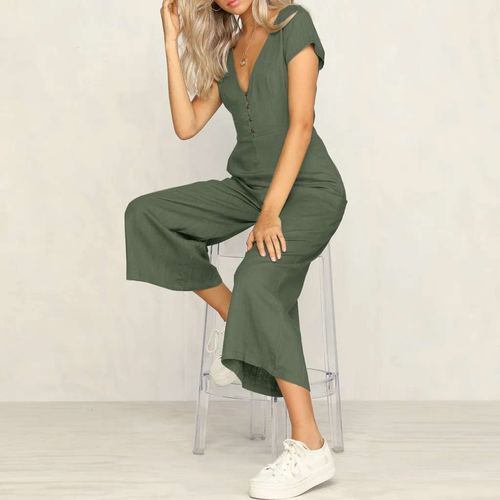 Women Fashion Simple Plain Sleeveless Jumpsuit Slim Fit Cotton Linen Casual Loose Harajuku V-neck Short-sleeved Female Jumpsuit