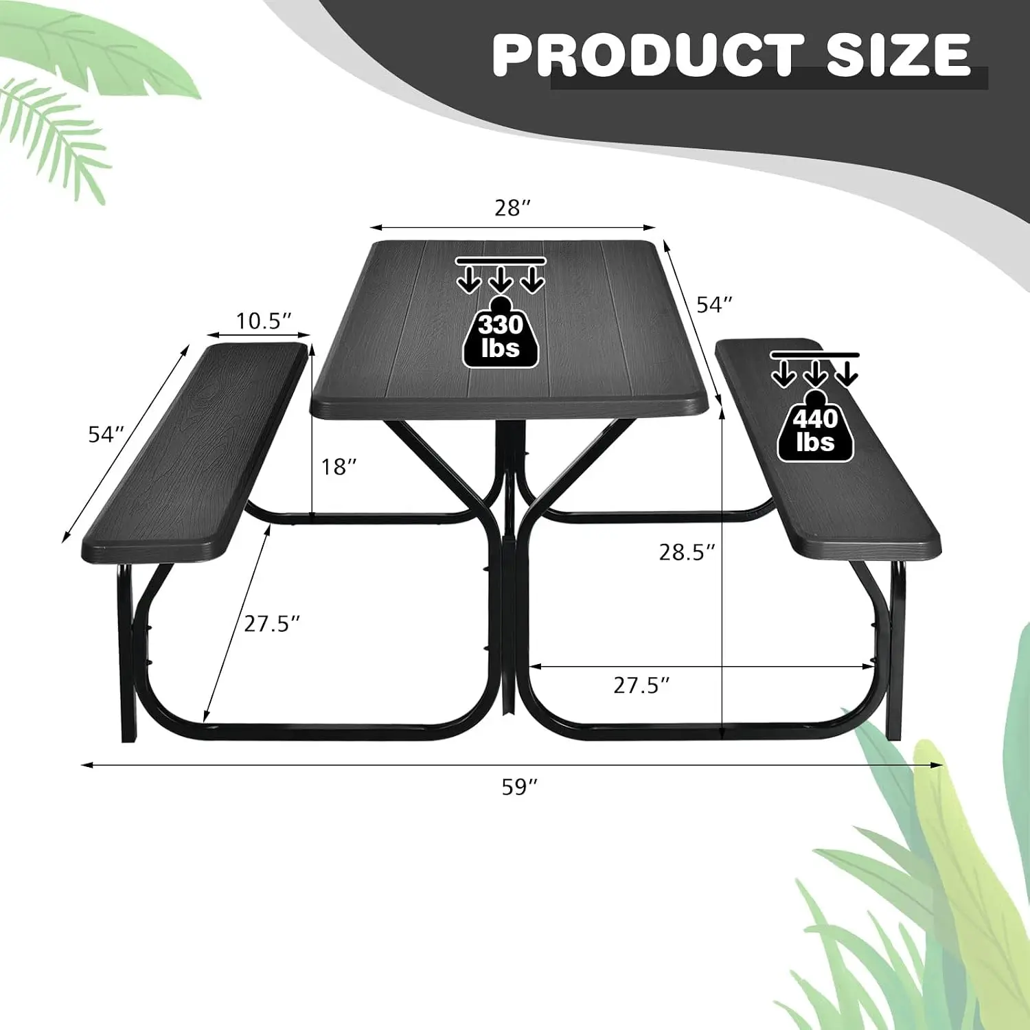 Outdoor Picnic Table Bench Set with Metal Frame & All Weather-Resistant Surface, Camping Table Set for Patio Backyard Poolside