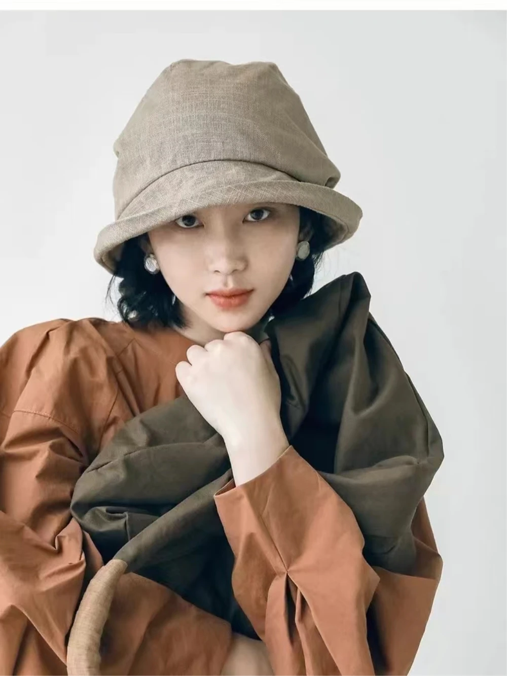 Japanese Cotton Linen Pleated Women Fisherman Hat Small Brim Summer UV Resistant Breathable Linen Basin Hat Wrapped Head Ladies