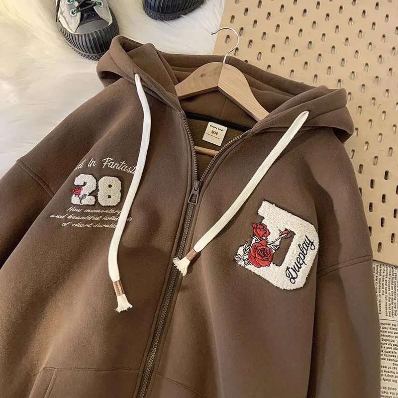 Kadın gotik nakış Hoodies Vintage Harajuku rahat Zip Up kapüşonlu eşofman üstü Streetwear Y2K uzun kollu gevşek ceketler