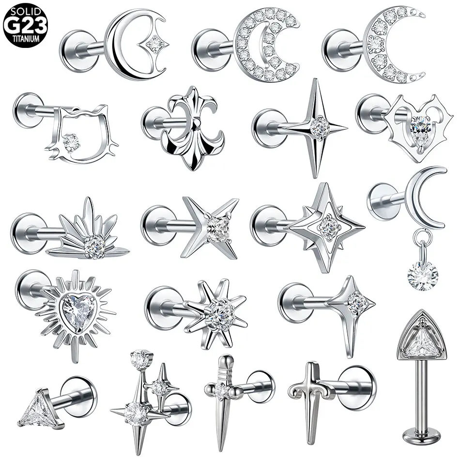 Image of 1 Stück G23 Titan Mond-Ohrstecker Helix Tragus Daith Knorpel-Piercing Ohrringe für Frauen Innengewinde Labret-Piercing Lippenstecker
