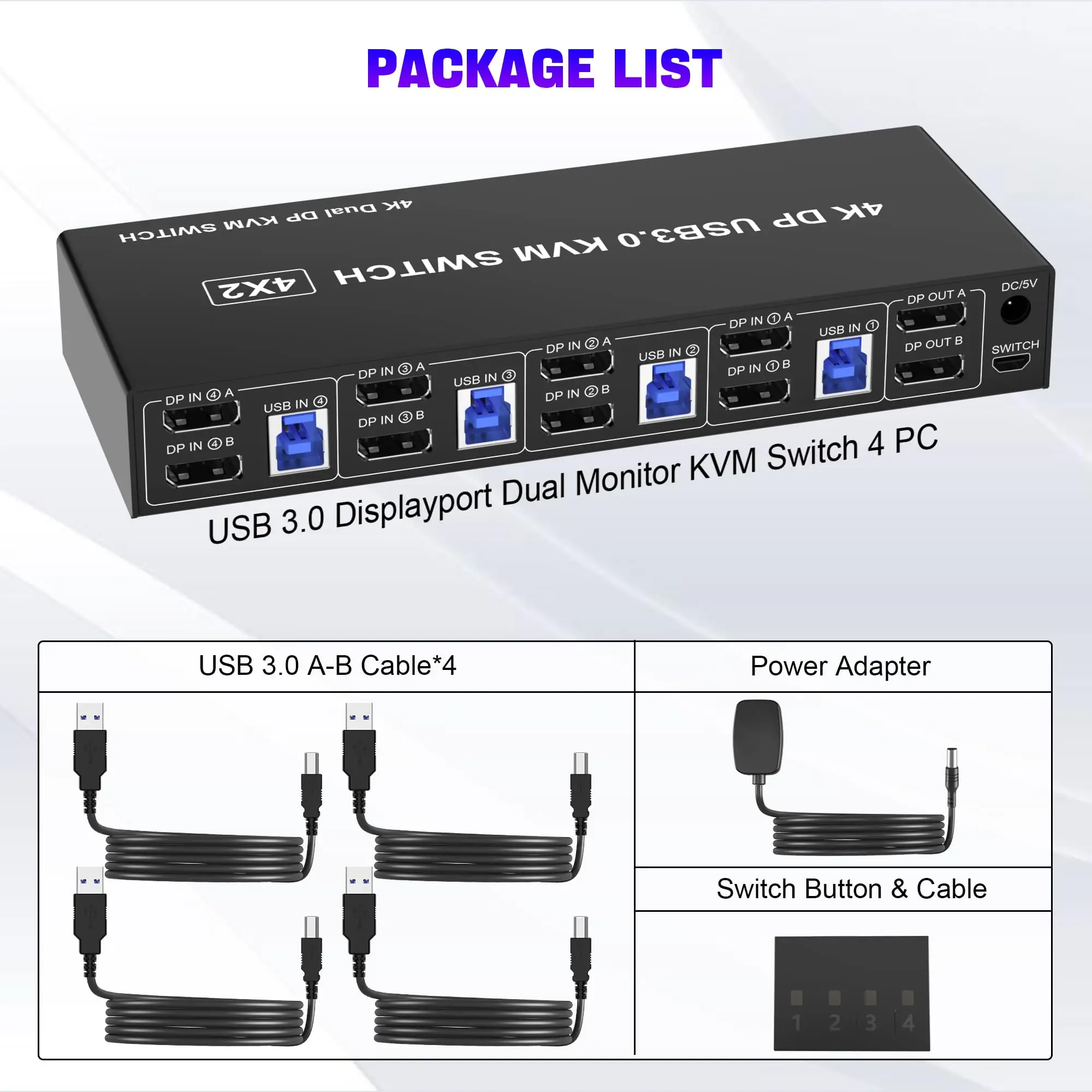 

USB 3.0 KVM Switch DP 2 Monitors 4 Computers,4K@60Hz HDMI Dual Monitor KVM Switch with Audio Microphone Output 3 USB 3.0 Ports
