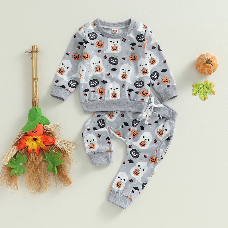 2023-06-11 Lioraitiin 0-3 anni Toddler Baby Boy Girl vestiti di Halloween Ghost Pumpkin Print felpa top pantaloni elastici Set