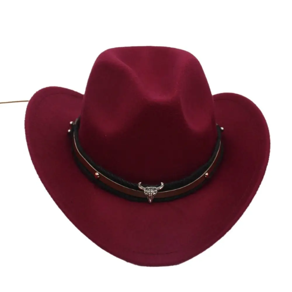Western Cowboy Hat Roll Brim Ox Head Belt Felt Tibetan Style Top Hat Ethnic Style with Cow Band Cowgirl Cap Women