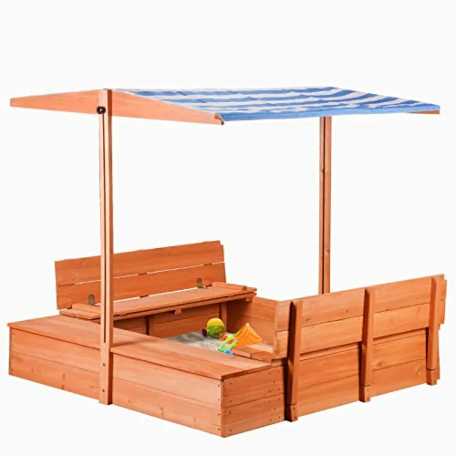 Outdoor wooden sandbox for kids, natural wood color, weather-resistant finish with built-in toy storage and sand protection bot