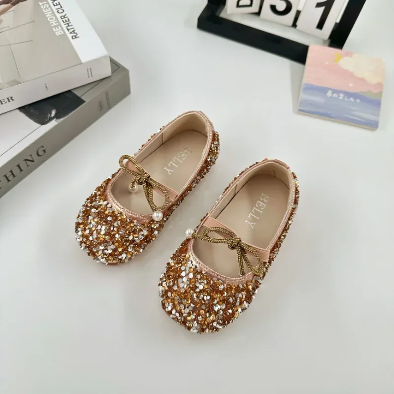 Girls Princess Shoes for Wedding Party Kids Flat Rhinestone with Pendant Glitter Sweet Little Children Dress Shoes Elastic Band