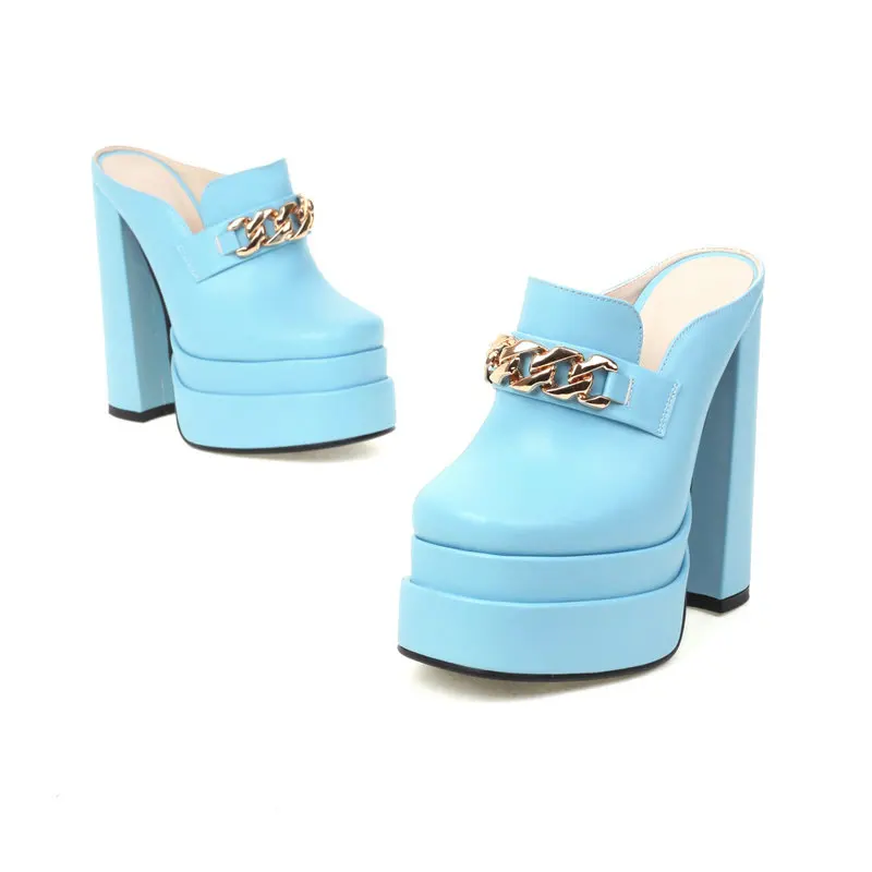 Closed Toe Sky Light Blue Womans Shoes Summer Slippers With Metal Chain Rectangle Block High Heels Mules Slides Platform Sandals