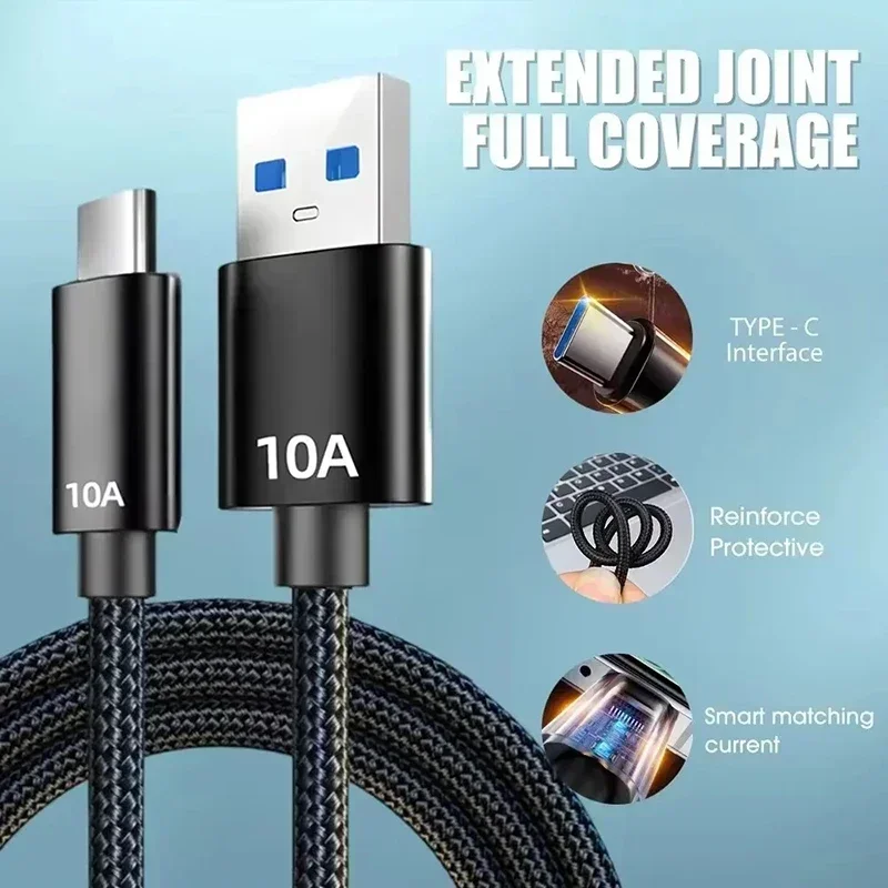 120W Super Fast Charge Cable 10A Cable USB A  Type C Data Cord Knit Cable For Xiaomi POCO Samsung iPhone Quick Charging Cable