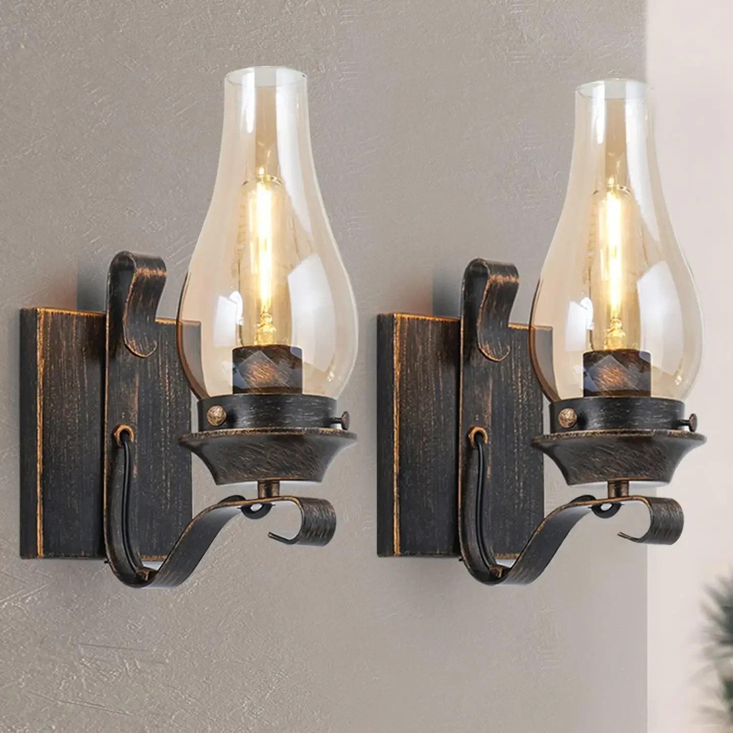

Wall Sconces Sets of 2, Oil Rubbed Bronze Hardwired Wall Sconce Indoor, Retro Rustic Wall Lamps with Amber Glass,Vintage Bedside