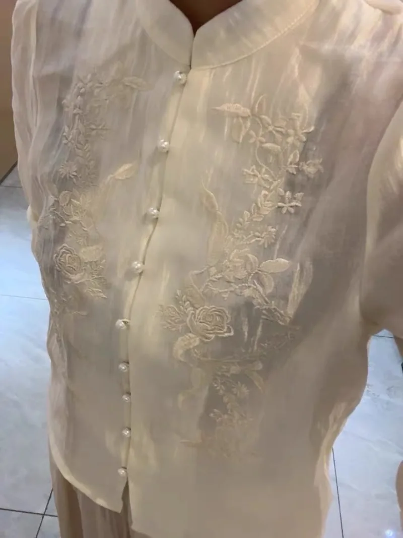 

Embroidery 2025 Shirts & Blouses Long Sleeve Ropa De Mujer Single Breasted Blusas Elegant Camisas New Satin Woman Clothing
