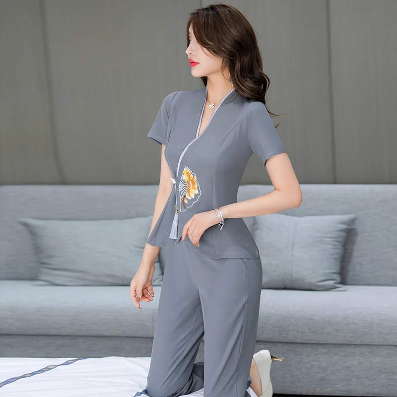 Madam Chinese Ancient Style Slanted Placket Short Sleeved Trousers Set Hotel Reception Waiter Uniform Salon Massage Work Clothes