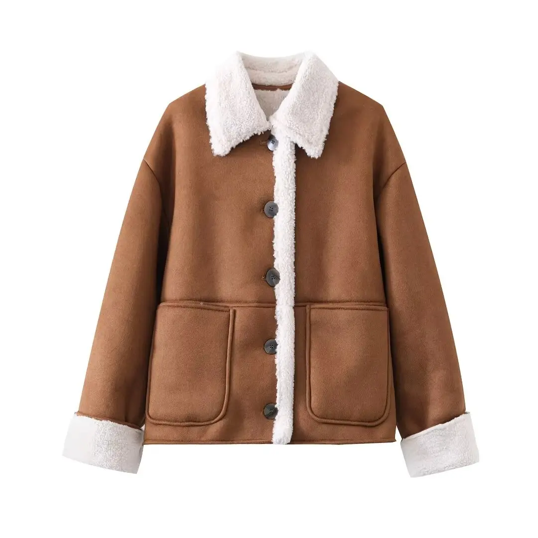 TRAF Women 2024 Autumn and Winter New Fashion Contrast Color Patch Bag Warm Jacket All-match Lapel Coat Outerwear Mujer