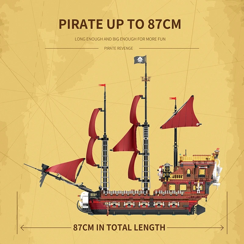 Blocos de construção Red Sail Boat, vingança da rainha Anne, modelo de navio pirata, brinquedos de tijolos, decoração criativa, presente infantil, 3066 peças