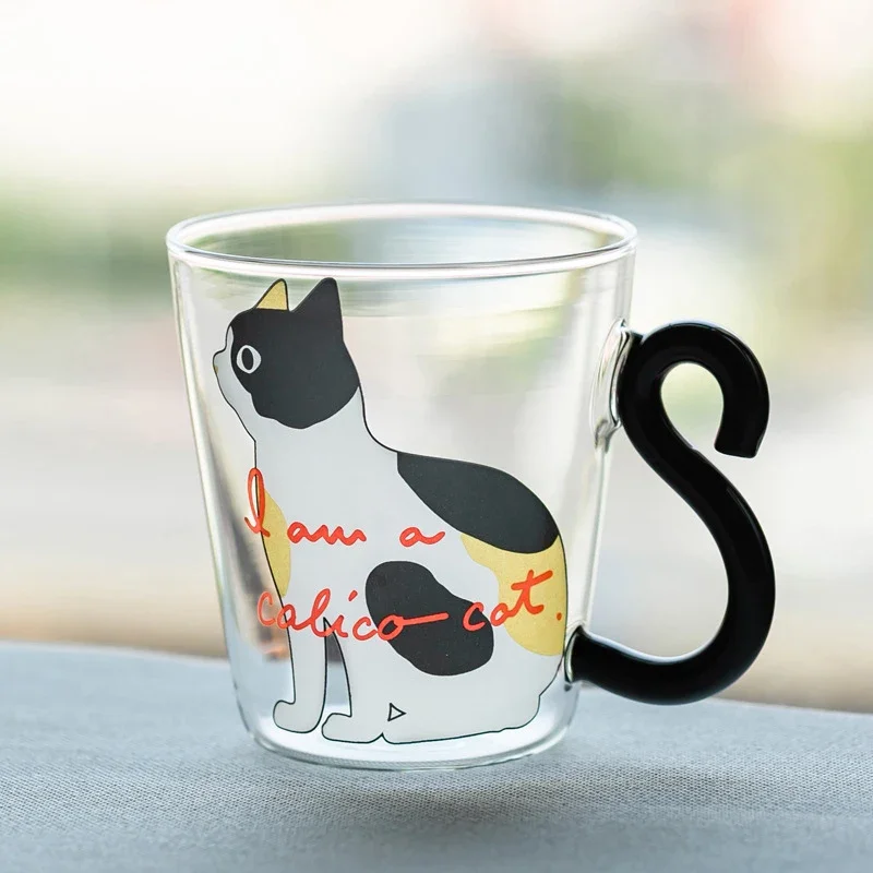 250ml Glass Cup Cartoon Cat Pattern Cup With Handle Milk Cup Breakfast Cup Heat Resistant And Microwaveable