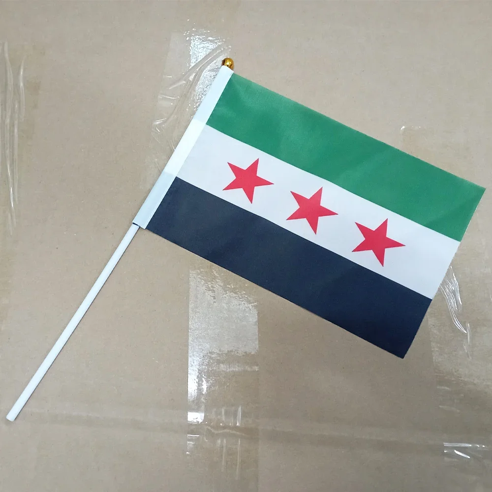 TIKI FLAG Syria Hand Flag 14x21cm Polyester Fade-Resistance Three Star The Syrian Arab Republic Syrian with Flagpole for Events