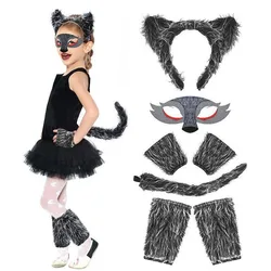 Wolf Ear Headband Tail Skirt Mask Suit Wolf Cosplay Costumes for Children Girls Ladies Birthday Gift Halloween Animal Dress Up