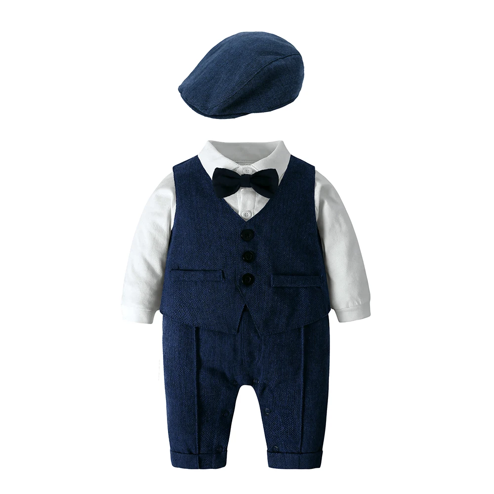 ZOETOPKID Boy Gentleman Suit Formal Birthday Outfit Infant Set One-piece Jumpsuit+Beret+Bowtie+Suspender Toddler Costume Clothes