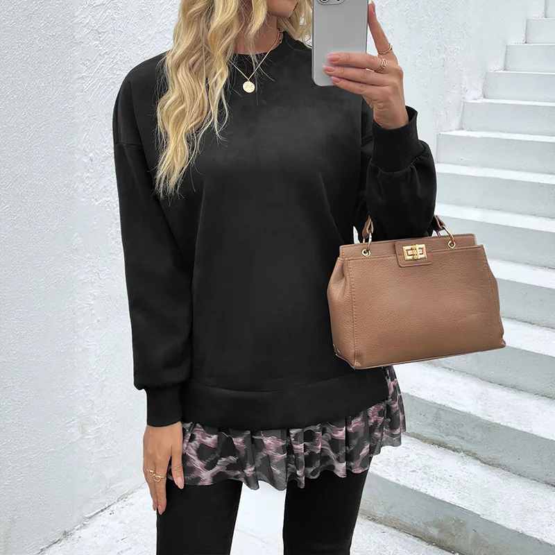 

2025 New Autumn and Winter Women's Sweatshirt Round Neck Contrasting Temperament Solid Color Women's Loose Sweatshirt