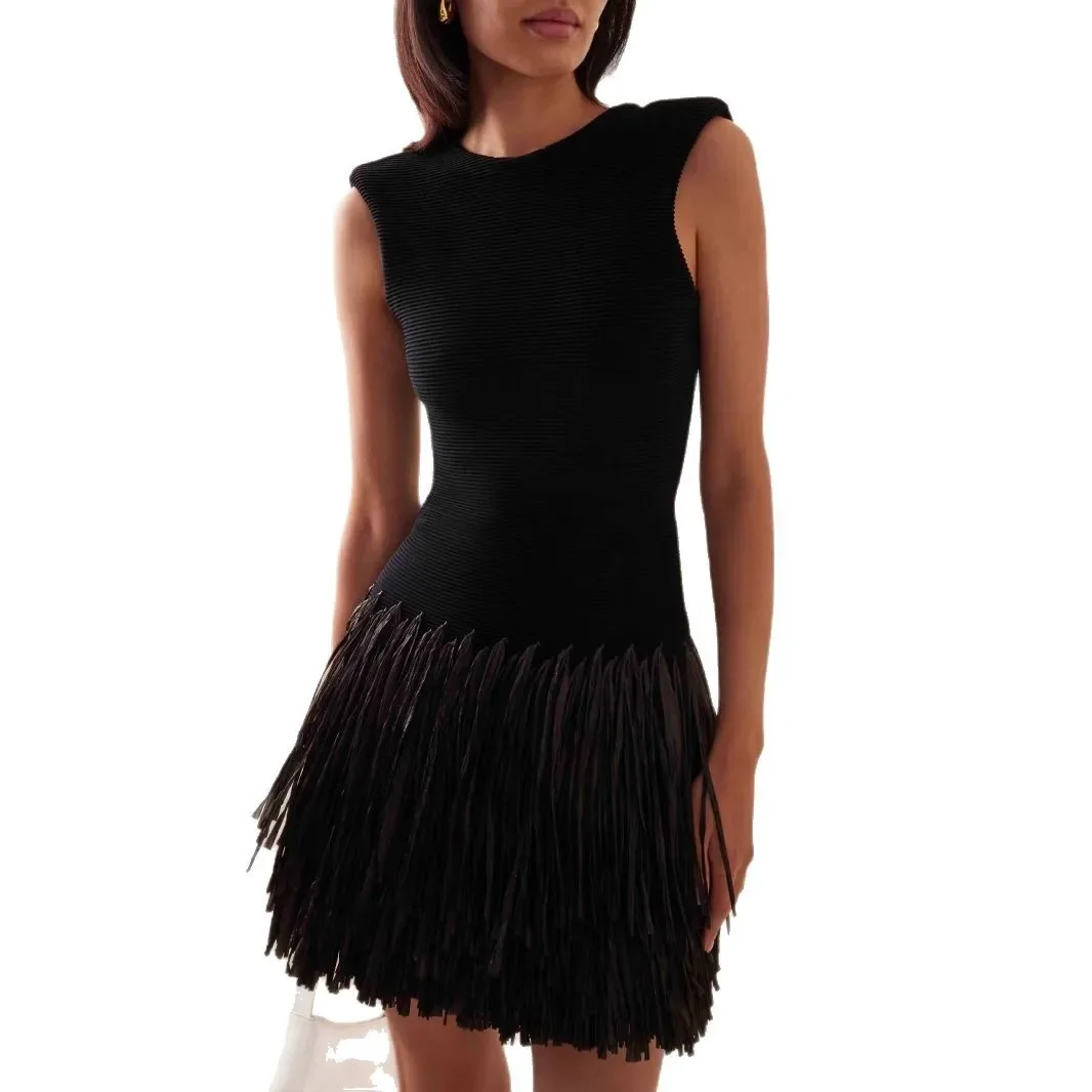 Moroder 2025 Vestido sin espalda con borlas y dobladillo de fiesta sin mangas con cuello redondo y moda para mujer