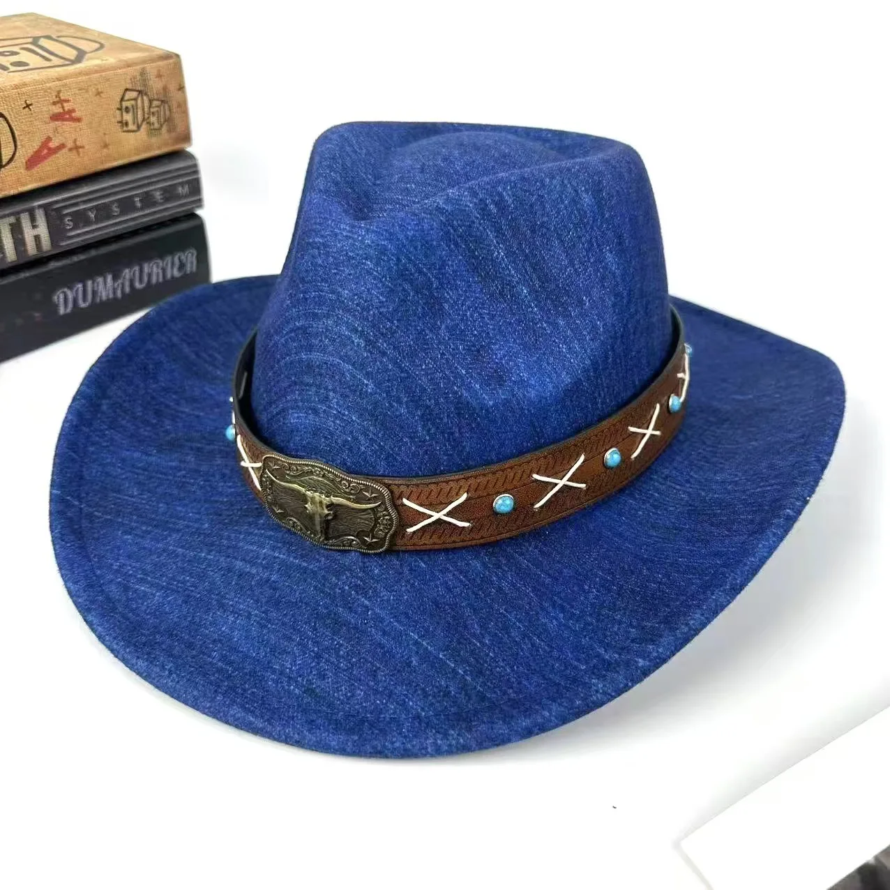 Bull head belt western denim  new men's and women's European, American retro British performance jazz top hat