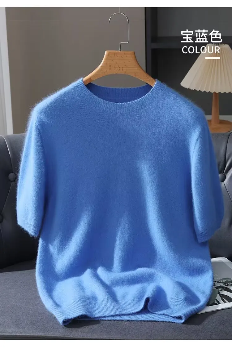 Herrenpullover, kurzärmelig, Sommer-Nerzstrickpullover, lockerer Rundhalsausschnitt, einfarbig, halbe Ärmel, einfaches T-Shirt, lässiges Oberteil – Detail 18