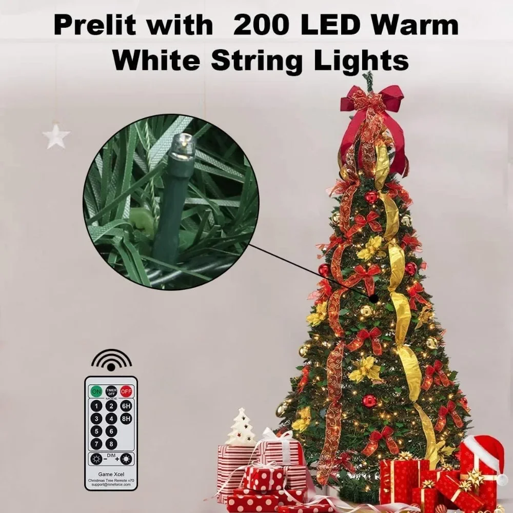 Pre-lit Christmas Tree - 6Ft Fully Decorated Pull-Up Christmas Tree with Remote, 200 LED Lights, Ornaments, Red&Gold Ribbon,