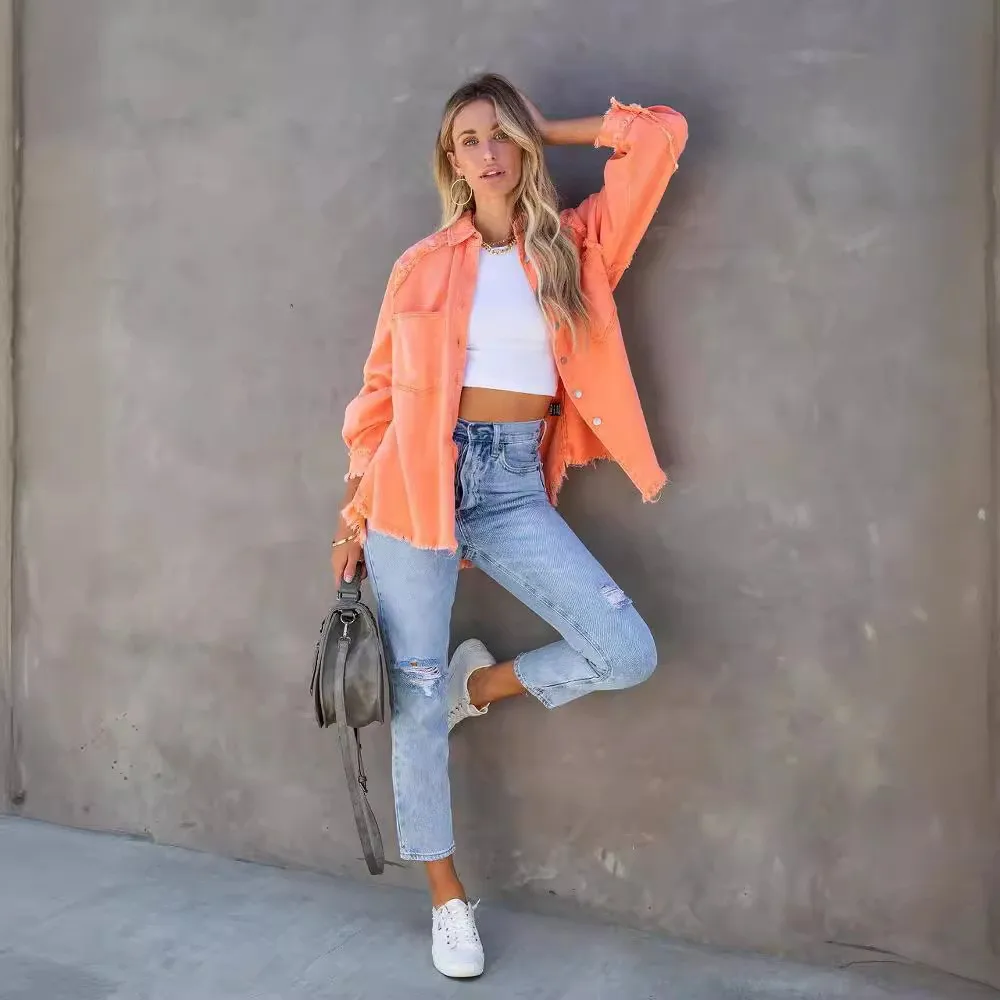 Loose Fit Long Sleeve Jacket with Lapel Collar European and American Style Casual Streetwear Mid Long Length No Hood for Women