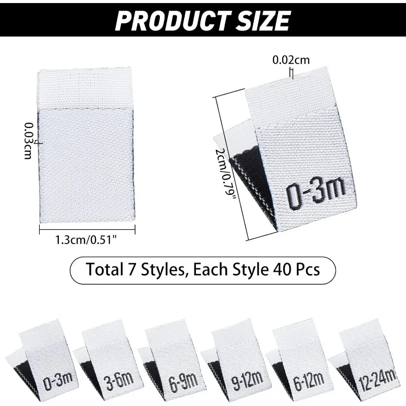 280 Pcs Clothing Month Labels 7 Styles Clothing Size Labels Embroidered Labels Tags Rectangle White Polyester Garment