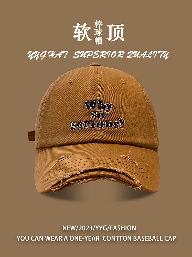 Top Ripped Letter-Printing Baseball Cap Female All-Matching Embroidered Washed Distressed Couple Sun-Proof Peaked Cap Fashion