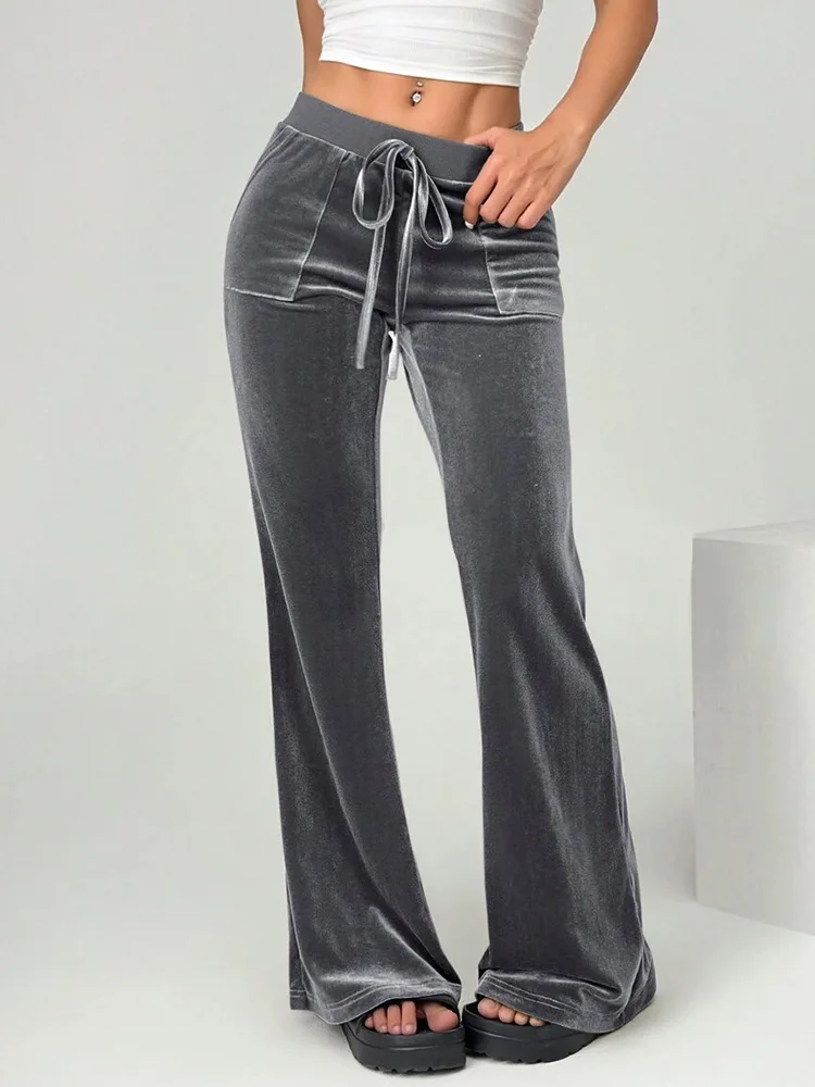 Women's Warm Fashion Velvet Trousers Solid Color High-Waisted Drawstring Pockets Casual Flared Pants Autumn Winter Casual Pants