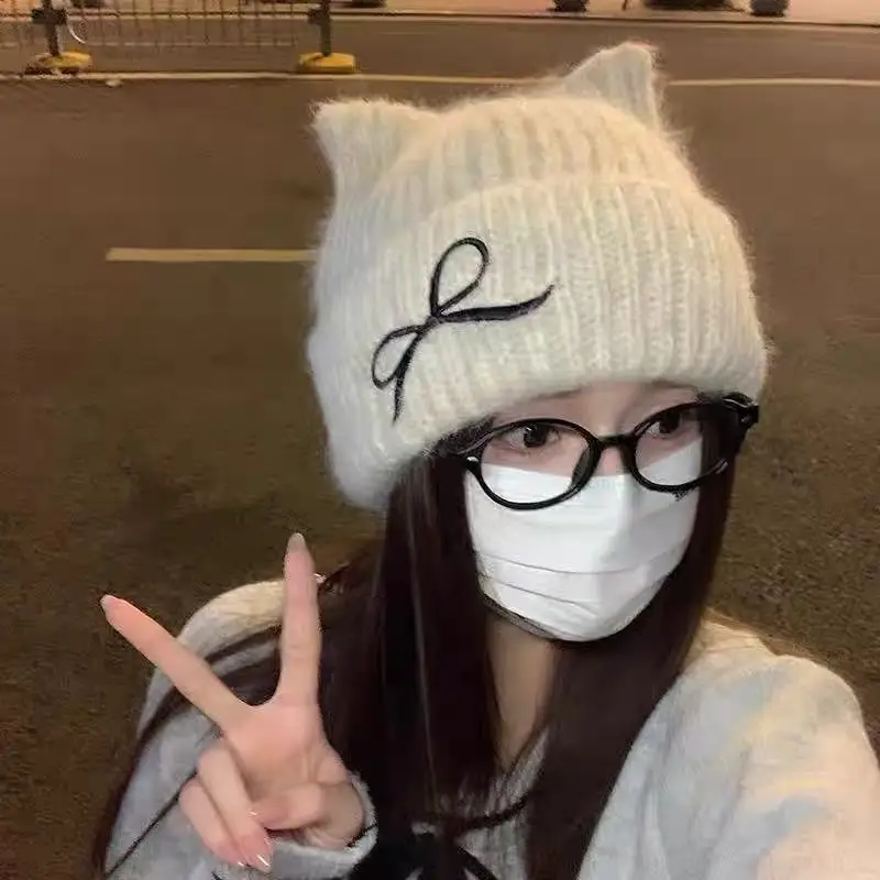 

Cute Cat Ear Beanie for Women - Winter Fall New Knitted Hat with Bowknot