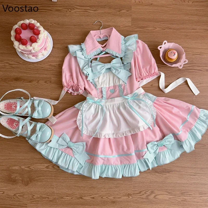 Anime Lolita Maid Dress Set Women Sweet Apron Bow Puff Sleeve Halloween Cosplay Costumes Party Dresses Gothic Girls Cute Dress