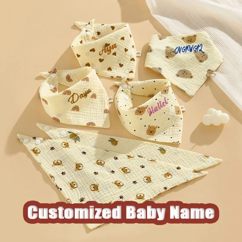 Personalized Baby Bib Cotton Muslin Bibs Baby Button Burp Cloths Triangular Bibs For Babies Saliva Towe Infant Custom Baby Gift