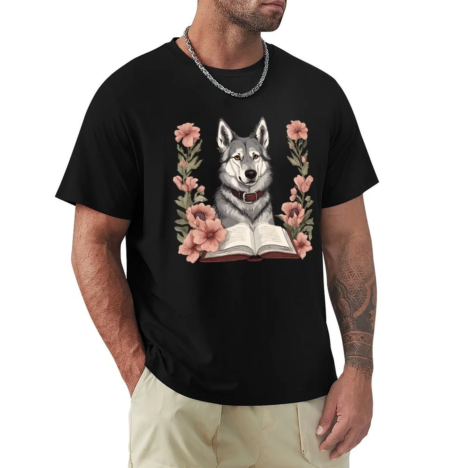 Florisitc flowers Dog Saarloos Wolfdog Dog and Books T-shirt korean fashion cute clothes summer tops tshirts for men