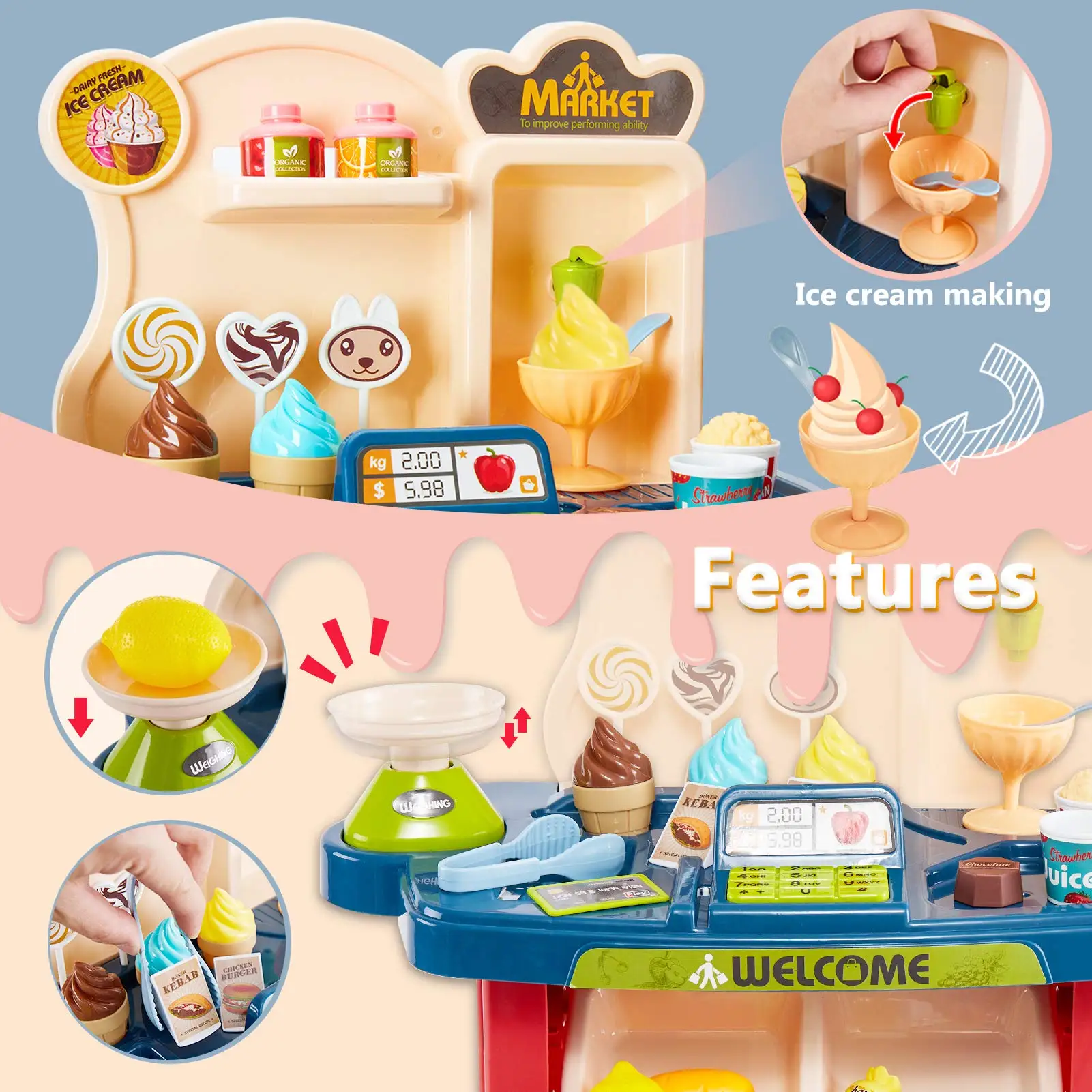 2 in 1 슈퍼마켓 장난감 놀이 세트 (40개 구성품 포함) 유아용 장난감, 트롤리 포함, 식료품점 놀이, 조기 학습, 역할 놀이