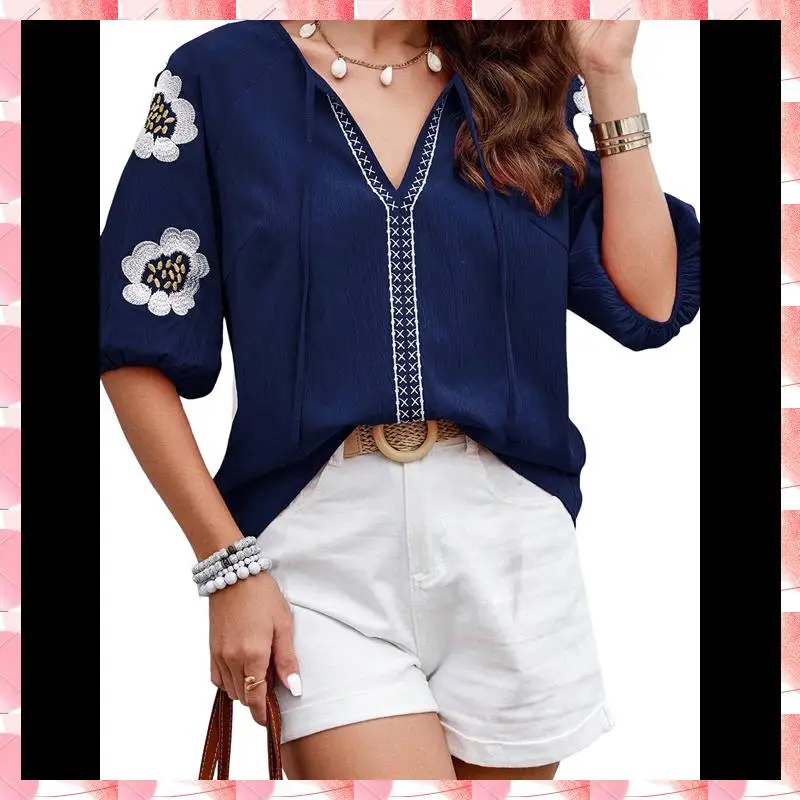 

Женские летние топы с цветочной вышивкой, пышные рубашки с короткими рукавами и v-образным вырезом, туника в стиле бохо, повседневная блузка