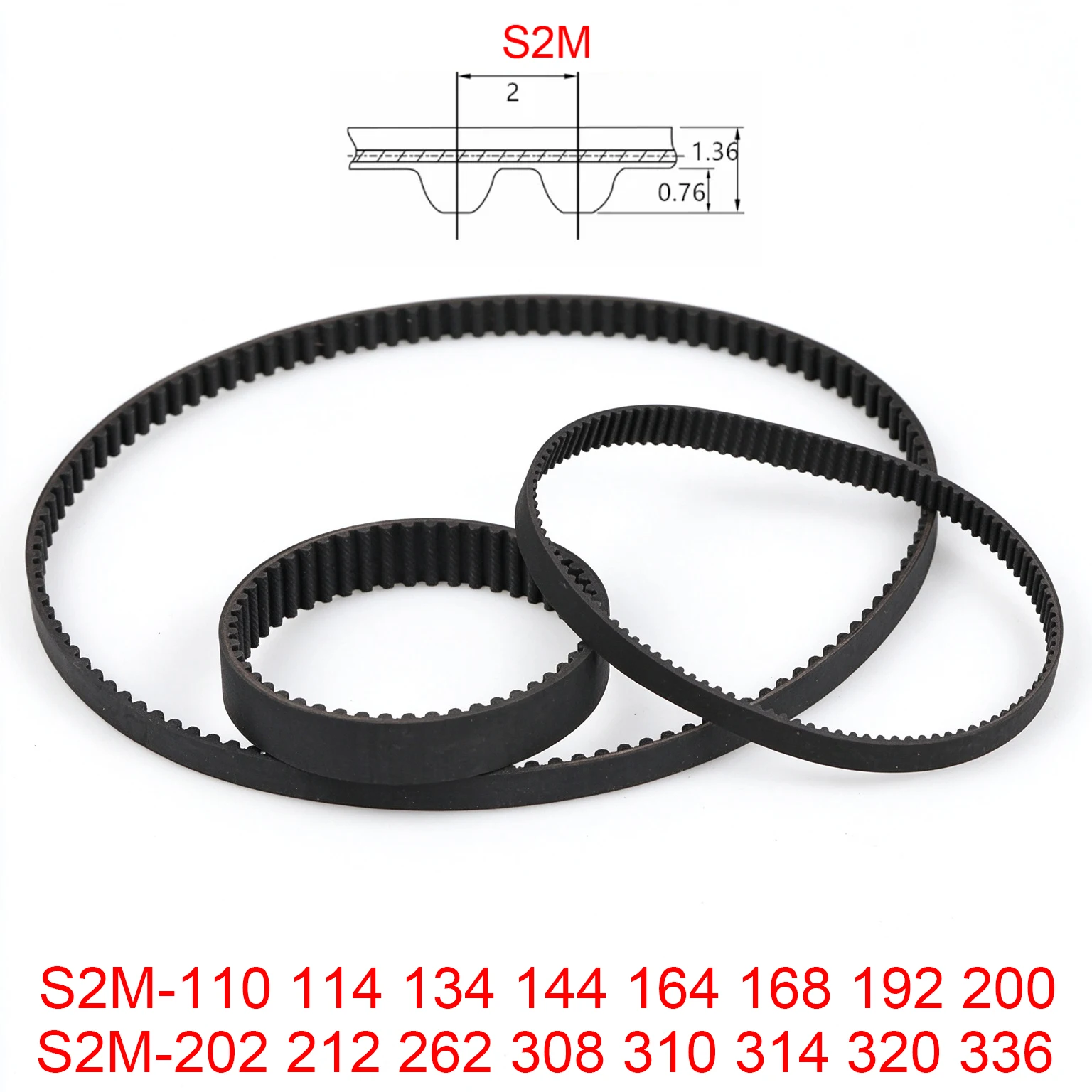 S2M 2M 110 114 134 144 164 168 192 200 202 212 262 308 310 314 320 336 Rubber Cogged Curved ARC Teeth Synchronous Timing Belt