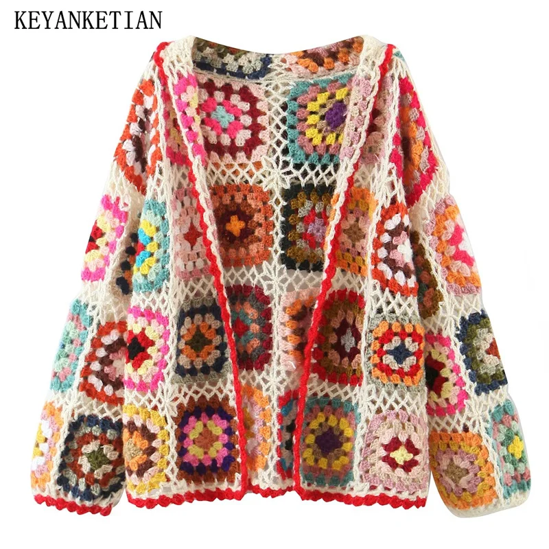 KEYANKETIAN Autumn New Hollowed-Out Hook Floral Color Knit Cardigan Ladies Bohemian Style Loose Handmade Sweater Top Fresh