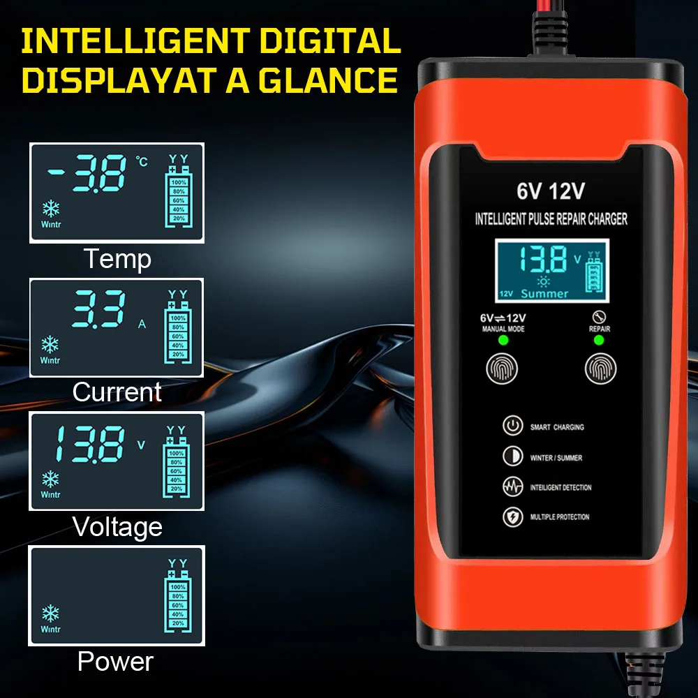 6A 12 فولت قارب لوازم بطاريات شواحن ذكي نبض إصلاح تخزين خلية صيانة شاحنة رقمية شاحن بطارية السيارة 90 واط