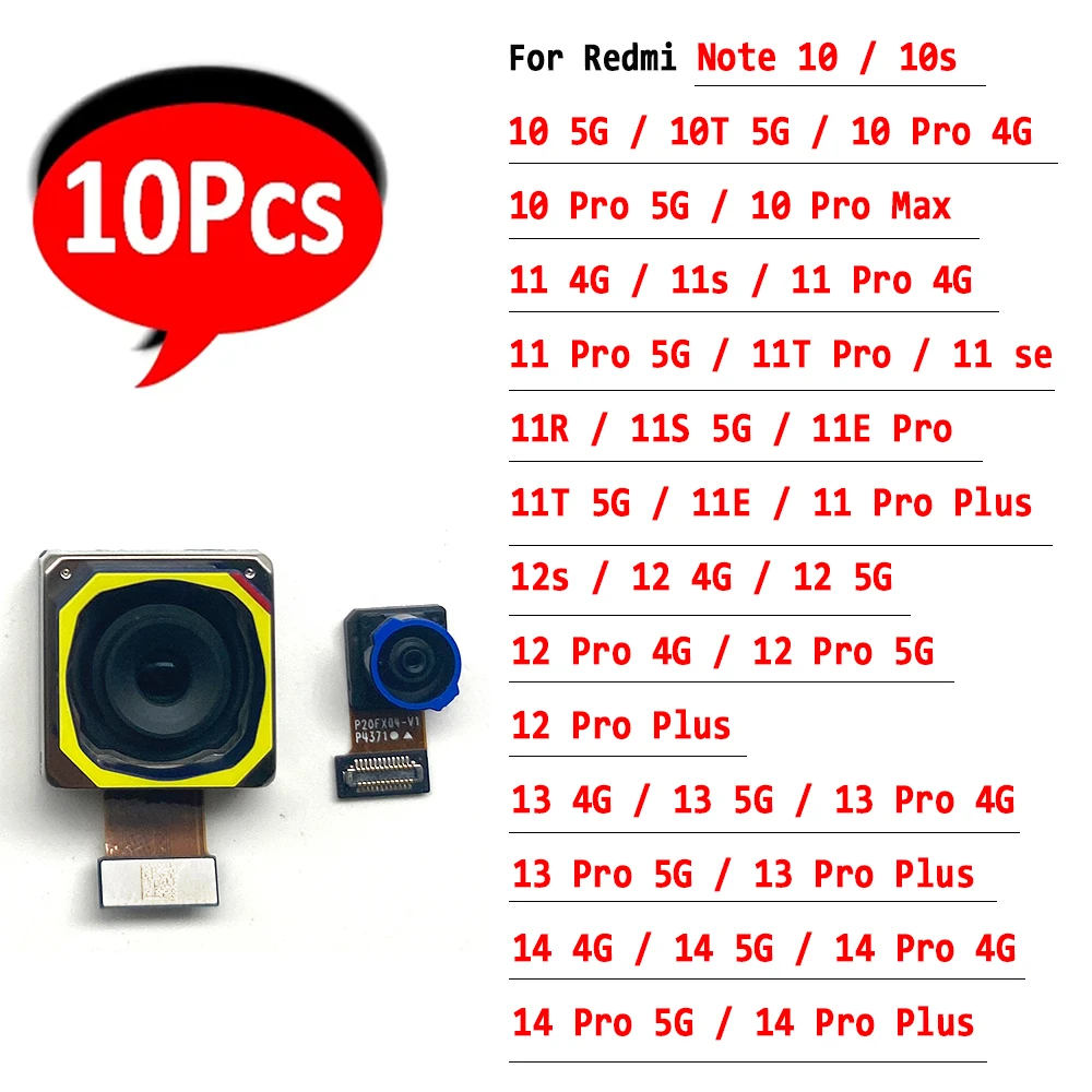 10Pcs, Front Main Back Rear Camera Flex Cable For Xiaomi Redmi Note 10S 10T 10 5G 11 11s 11T 11E 12S 12 13 14 Pro Plus 4G 5G