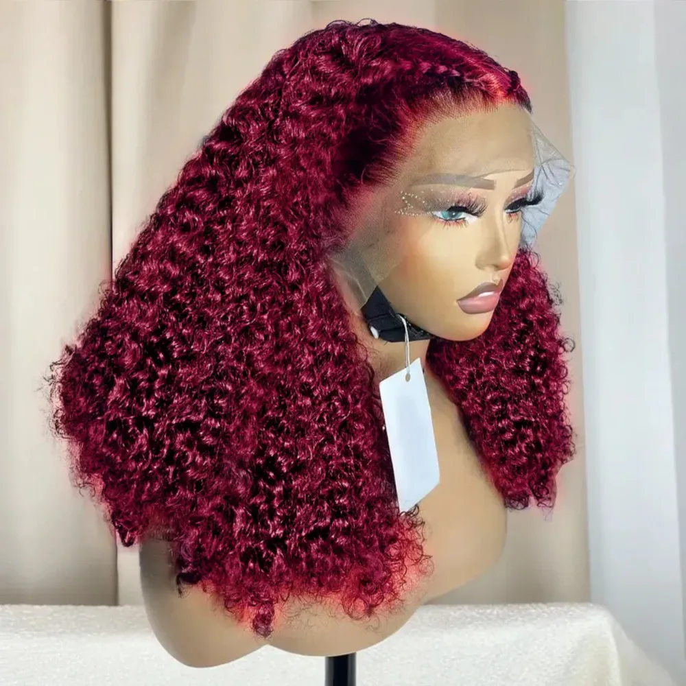 

Burgundy Curly Bob Wigs 13x4 Lace Frontal Wig Human Hair 99J Wine Red Color Deep Wave Short Bob Wigs 200% Density Pre Plucked