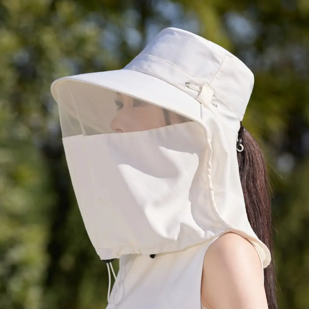 Portable Wide-Brimmed Fisherman Hat Solid Color Adjustable Shawl Mask Hat Face Cover Polyester Neck Protection Cap Jogging
