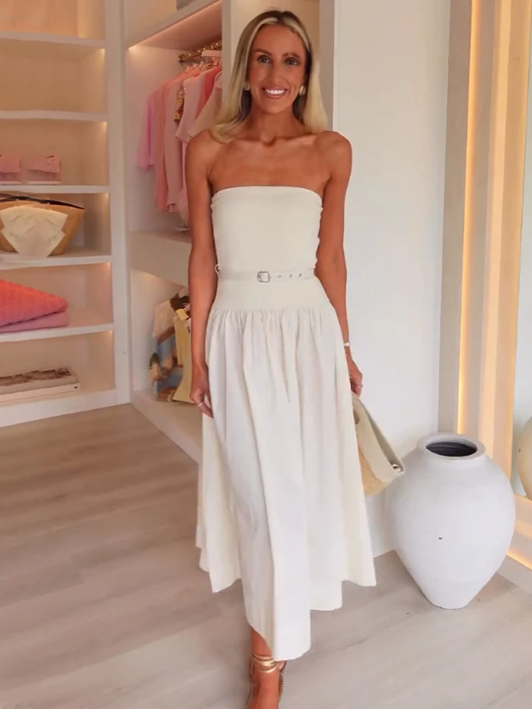 

HH Женская мода Тонкие платья без рукавов Однотонное платье без бретелек с открытой спиной и поясом Женское летнее элегантное длинное платье