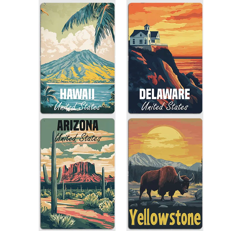 

Delaware Yellowstone Bison Hawaii Arizona Travel Retro Posters Metal Sign Poster Bar Bedroom Wall Home Decor Room Decoration