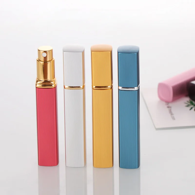 Perfume Bottle 10ml Aluminum Square Tube Long Press Dispensing Convenient Travel Spray Bottle Cosmetic Glass Empty Bottle