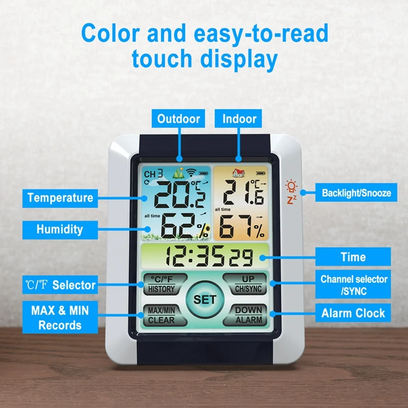 Sensor de Temperatura e Umidade Sem Fio, Tela Digital LCD, Função Relógio, Adequado para Casa, Interior, Exterior