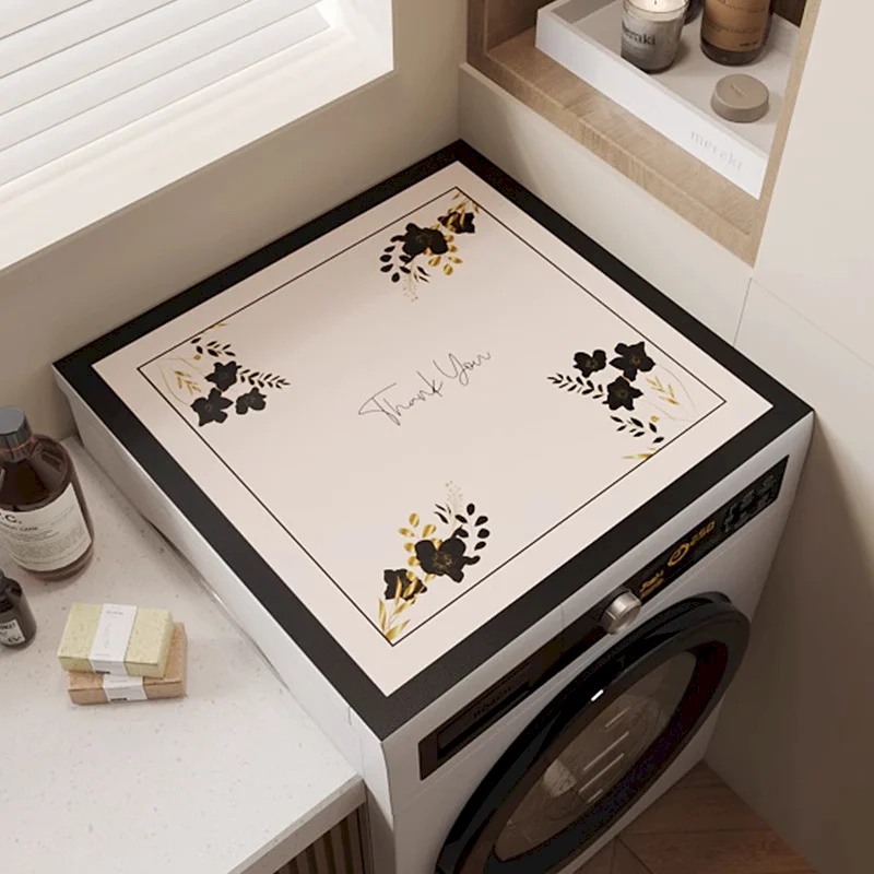 VIKAMA Flowers Poems Mat, Black White Sketch Floral Washing Machine Laundry Room Cover,Bohemian Home Decoration